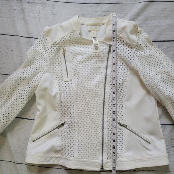 Chico's Size 2 US L Diamond Mesh Moto Jacket White Layer Mature Office Zipper - Picture 4 of 10